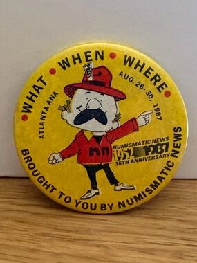 Vintage Numismatic News 35th Anniversary Yellow Pinback Button